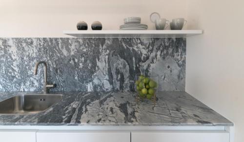 een aanrecht met een wastafel en een bos groene druiven bij Souto Apartments in Porto