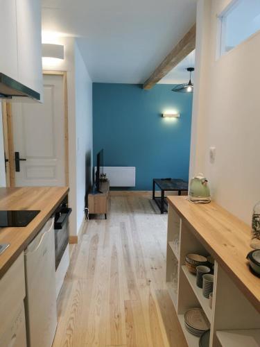 a kitchen with blue walls and a wooden floor at Les appartements du centre, refaits à neuf, climatisés, hyper centre, 50m à pieds des commerces, restaurants, parking gratuit in Salies-de-Béarn