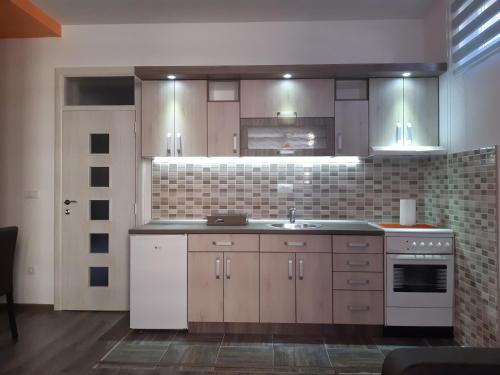 a kitchen with brown cabinets and a sink in a room at Apartman HEDONIJA in Nova Varoš
