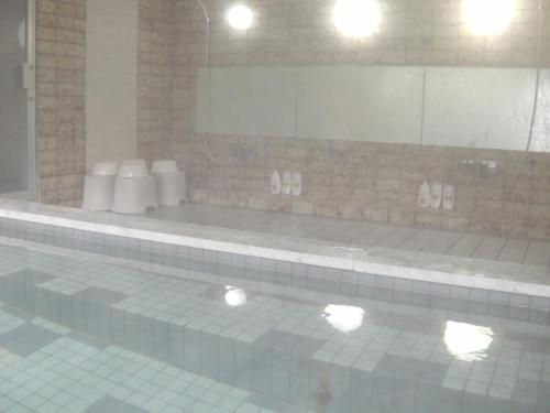 a bathroom with a mirror and a swimming pool at Pals Inn Raicho in Hakuba