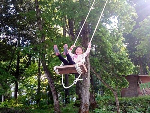 a young girl is swinging on a tree swing at Pals Inn Raicho in Hakuba