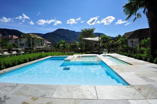 a swimming pool with mountains in the background at Apparthotel Gartenresidence Nalserhof in Nalles