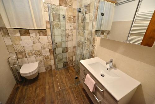 a bathroom with a sink and a toilet and a shower at Holiday Home Davča in Cerkno