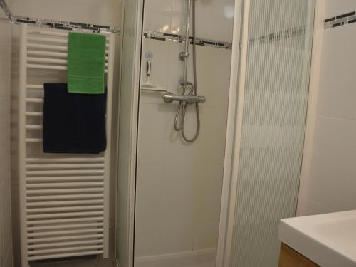 ヴァンヌにあるCharmant T2 Port de Vannesのバスルーム(シャワー、緑のタオル付)