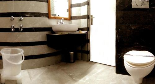 a bathroom with a toilet and a sink at Hotel Vatika - the riverside resort in Dharamshala