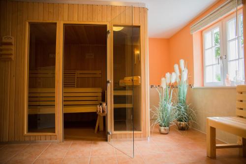 szklanymi drzwiami prysznicowymi w pokoju z rośliną w obiekcie Pension Villa-Ingeborg w mieście Fürstenberg/Havel