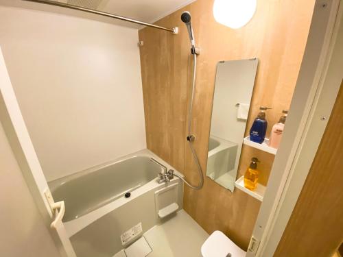a bathroom with a bath tub and a mirror at Rinn Niomon in Kyoto