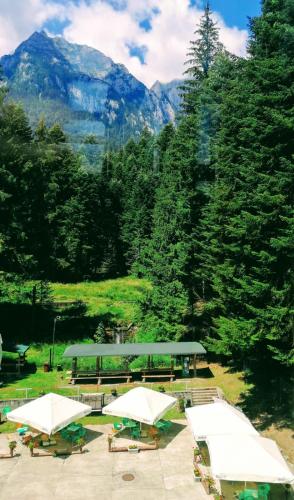a picnic area with tables and umbrellas in front of a mountain at HOSTEL CPPI Nord in Buşteni