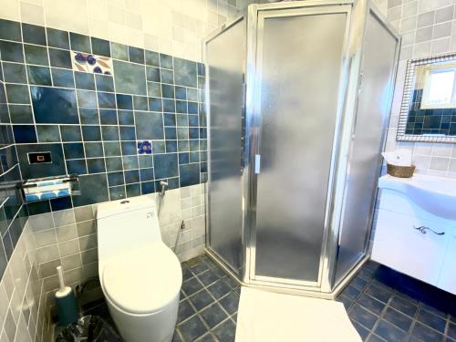 a bathroom with a toilet and a shower at 湯園民宿 l 民宿編號1639 in Taitung City