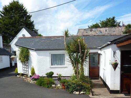 a white house with a palm tree in front of it at The White House Guest House in Williton