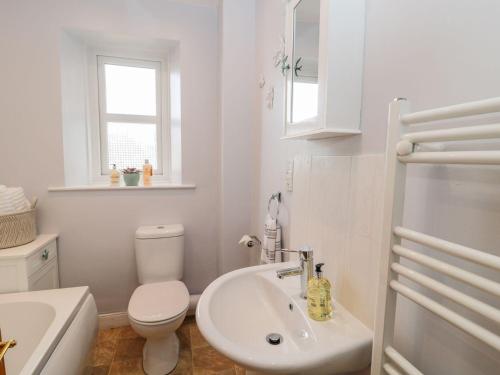 a white bathroom with a toilet and a sink at Cheviot Way Cottage in Wooler