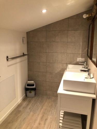a bathroom with a white sink and a gray wall at Manoir de Champvert in Les Vans