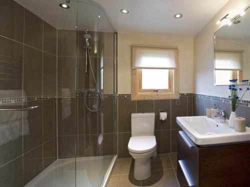 uma casa de banho com um WC, um chuveiro e um lavatório. em Cherbridge Lodges - Riverside lodges, short lets (business or holidays) em Oxford