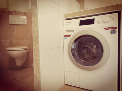 a washing machine in a bathroom with a toilet at Ferienhof Kampfl in Fügen