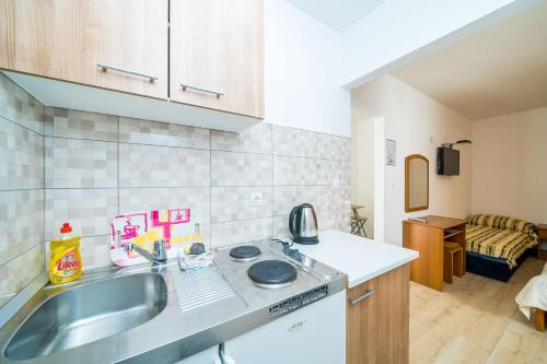 a kitchen with a sink and a counter top at Villa Marija Adriatic in Mlini