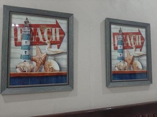 two framed pictures on a wall with shells and a lighthouse at WHITE SHARK RESORT in Ponta do Ouro