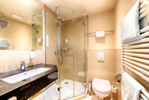 a bathroom with a shower and a toilet and a sink at Seehotel am Stausee 4 Sterne Superior in Gerolstein