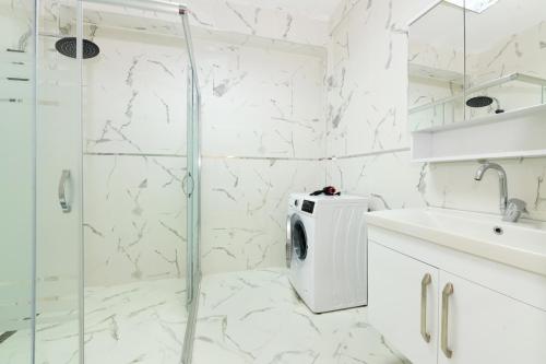 a white bathroom with a shower and a washing machine at Palas Suite 12 in Istanbul