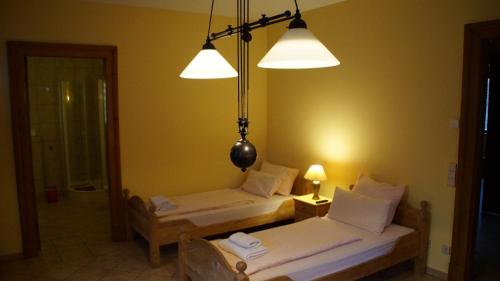 2 camas en una habitación con espejo y luces en Gästehaus am Wasserturm, en Lüneburg