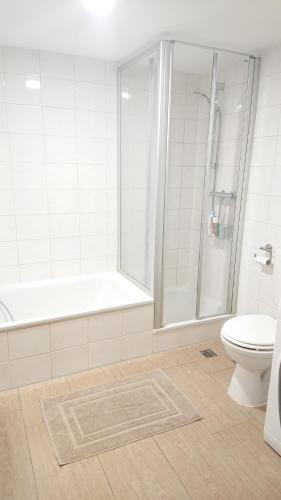 La salle de bains blanche est pourvue d'une douche et de toilettes. dans l'établissement GreenCorner - Sonnige Terrasse 1-6p, à Reichenbach