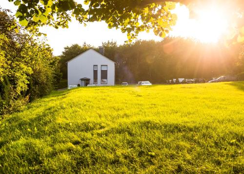 a white house in a field of grass at Haus am Park - Ihr Gästehaus in Velbert in Velbert