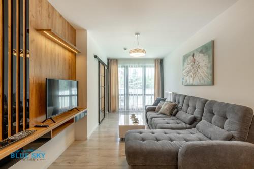 uma sala de estar com um sofá e uma televisão em Apartamenty BlueSky - Karkonoska 13, blisko szlaków i wyciągów em Karpacz