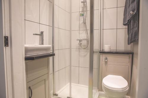 uma casa de banho com um chuveiro, um WC e um lavatório. em Ibstock Self Catered Apartment em Ibstock