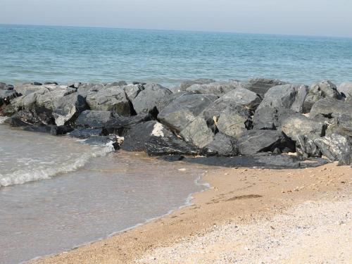 un gruppo di rocce su una spiaggia vicino all'acqua di Duplex Croisette Juno Beach a Bernières-sur-Mer