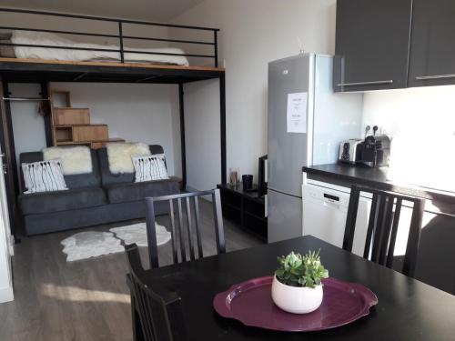 a kitchen with a table and a kitchen with a loft at Studio Molinel in Lille