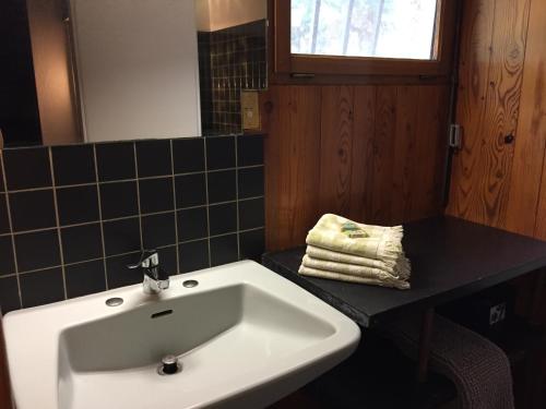 een badkamer met een witte wastafel en een zwart aanrecht bij Le gîte du Val in Chamouilley
