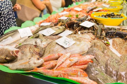 a display of fish and other seafood on a table at Europe tents camping Begur in Begur