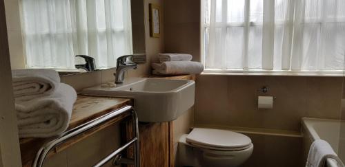 a bathroom with a sink and a toilet and a window at The Kings Arms Hotel in Stow on the Wold