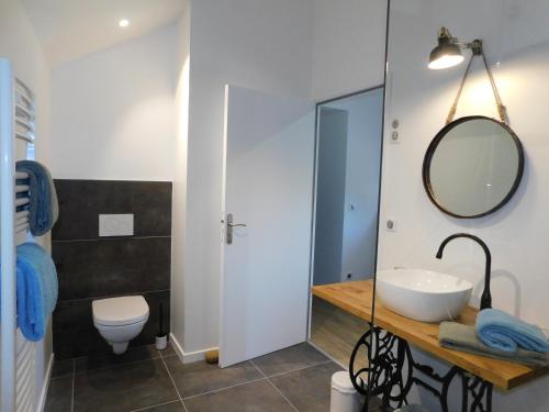 uma casa de banho com um lavatório e um espelho em La Maison de Paul & Margaux em Châteauneuf-de-Galaure