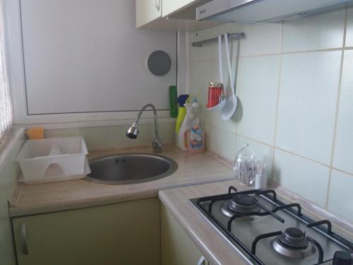 a small kitchen with a stove and a sink at Sunflower Room in Eforie Nord