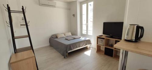 Kleines Zimmer mit einem Bett und einem TV in der Unterkunft APPARTEMENT CANNES MONTFLEURY in Cannes