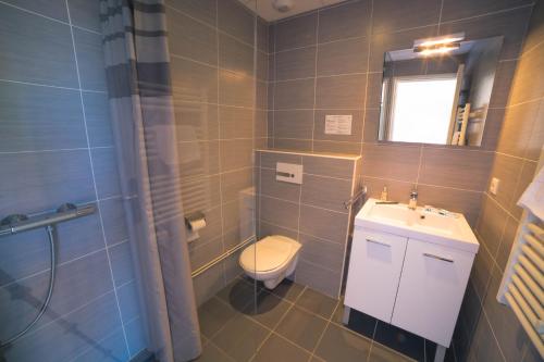 W łazience znajduje się toaleta, umywalka i prysznic. w obiekcie Lou Riou Village Vacances w Saint-Tropez