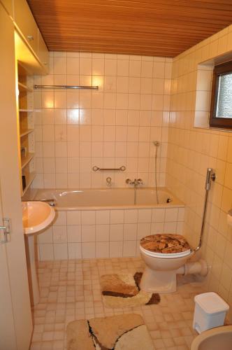 a bathroom with a toilet and a bath tub at Rentrisch am Waldrand in Sankt Ingbert