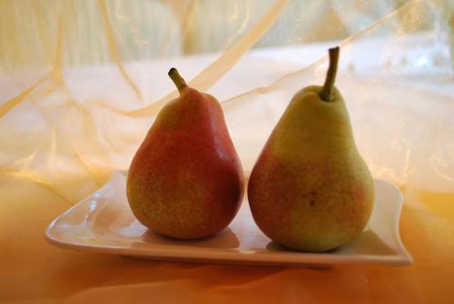two pears on a plate on a table at Landhaus Notburga in Gries im Sellrain