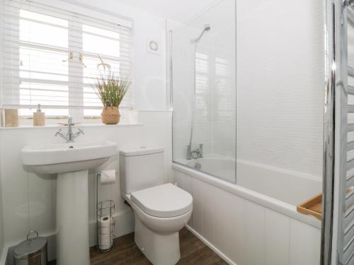 a white bathroom with a toilet and a sink at Clover Cottage in Plymouth