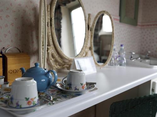 Little Waldingfield的住宿－Newmans Hall Bed & Breakfast，浴室的柜台设有水槽和镜子