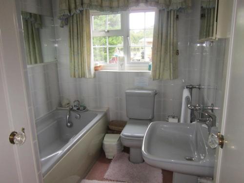 a bathroom with a toilet and a tub and a sink at Newmans Hall Bed & Breakfast in Little Waldingfield