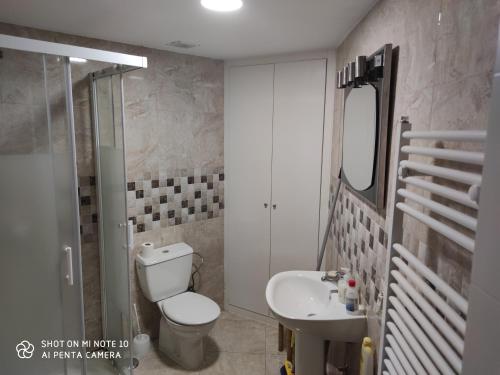 y baño con aseo, lavabo y ducha. en Habitación AP, en Madrid