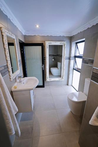 a bathroom with a sink and a toilet and a mirror at Le Grant Guesthhouse in Kroonstad
