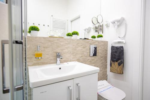 a bathroom with a white sink and a shower at Theatre Square Apartments in Novi Sad