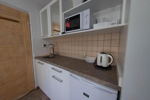 una pequeña cocina con fregadero y microondas en Privat VCELKA, en Liptovský Mikuláš