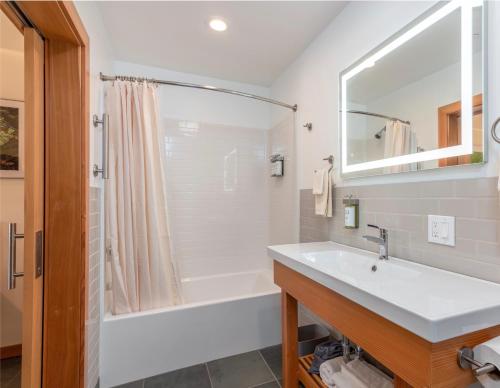 a bathroom with a white sink and a shower at Wildflower Boutique Motel in Point Arena