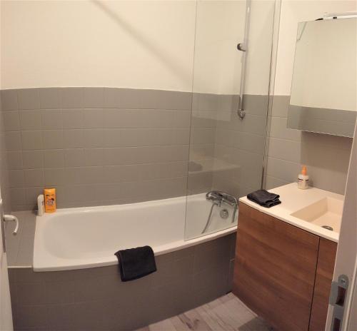 a bathroom with a bath tub and a sink at Appartement T2 "Le Cocoön" rez-de-jardin au calme in Vitré