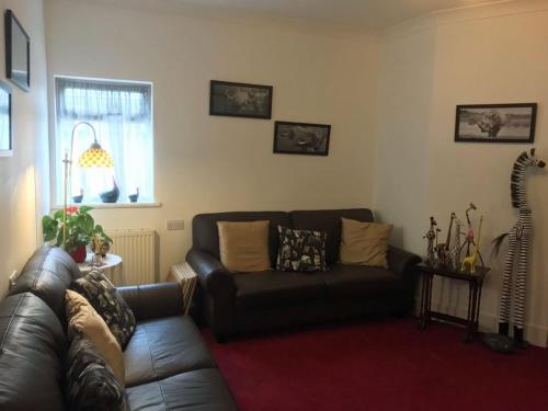 a living room with a leather couch and a red rug at Merton House in Worthing