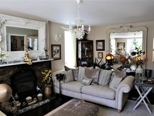 a living room with a couch and a fireplace at Morans Bed and Breakfast @ Lower Lodge in Westward Ho