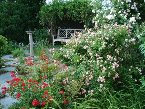 a garden with flowers and a bench in the background at Newport House Bed & Breakfast in Williamsburg